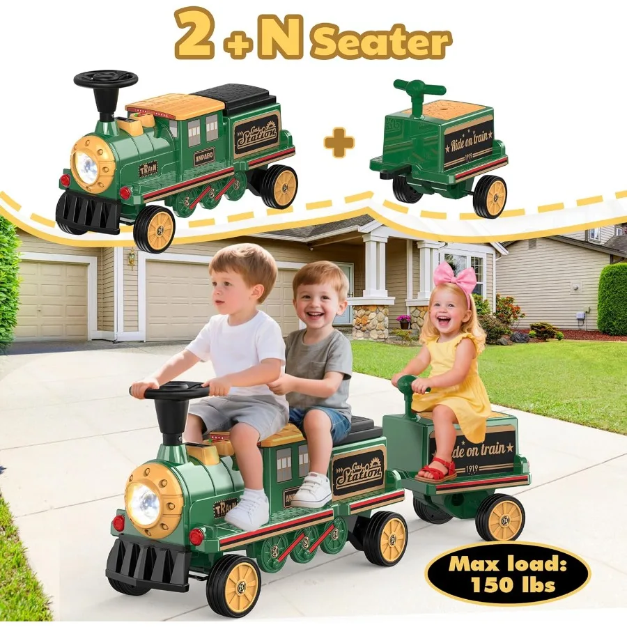 2-Seater Ride On Train Trackless, 12V Kids Car with Height-Adjustable Seat, Extra Storage, Headlight, (Carriage Not Included)