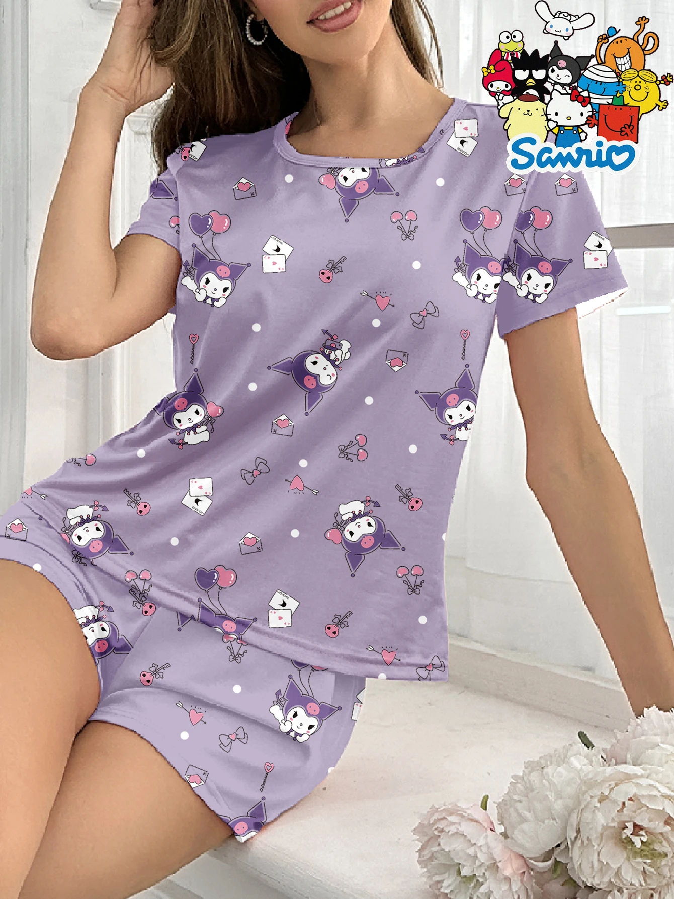 

Шорты с короткими рукавами и круглым вырезом Sanrio Kuromi — повседневная пижама с милым рисунком, комплект одежды для дома —
