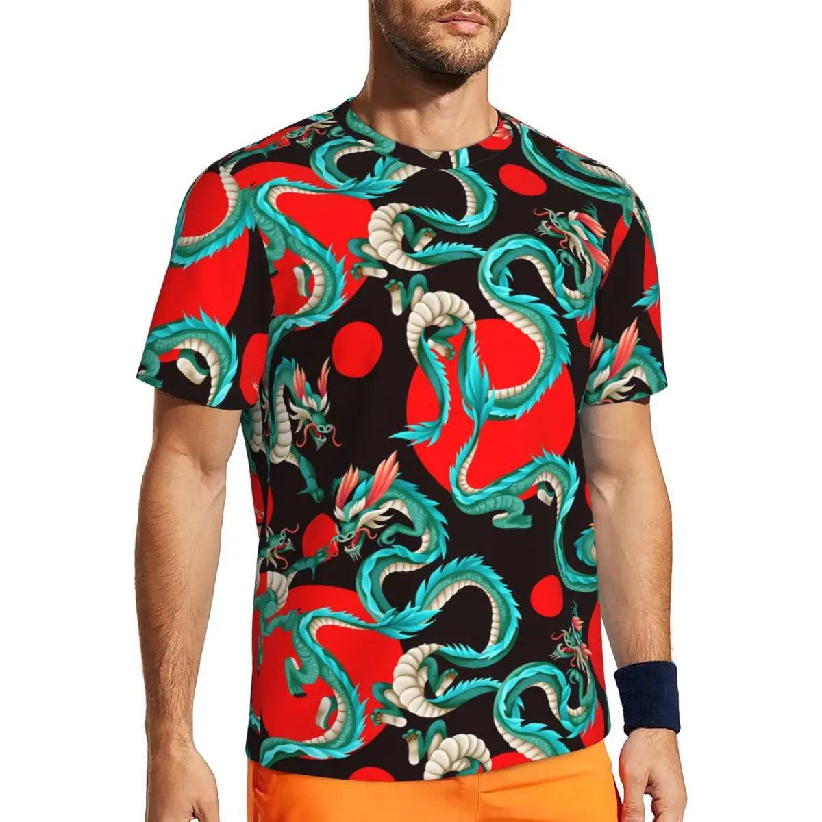 Seamless Pattern With Green Dragon T Shirt Fashion Running T Shirts Short-Sleeve Fast Dry Tops Beach Vintage Big Size Top Tees