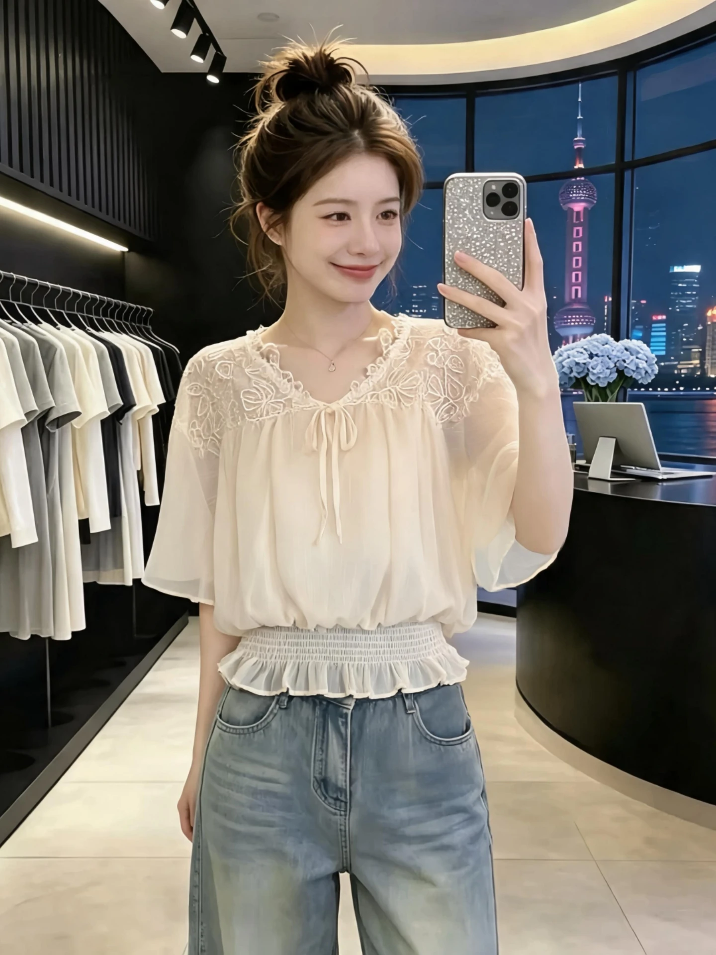 

Elegant Embroidered V-Neck Short Sleeve Women's Chiffon Shirt Slimming Short Length Waist-Cinching Korean Style Summer Top
