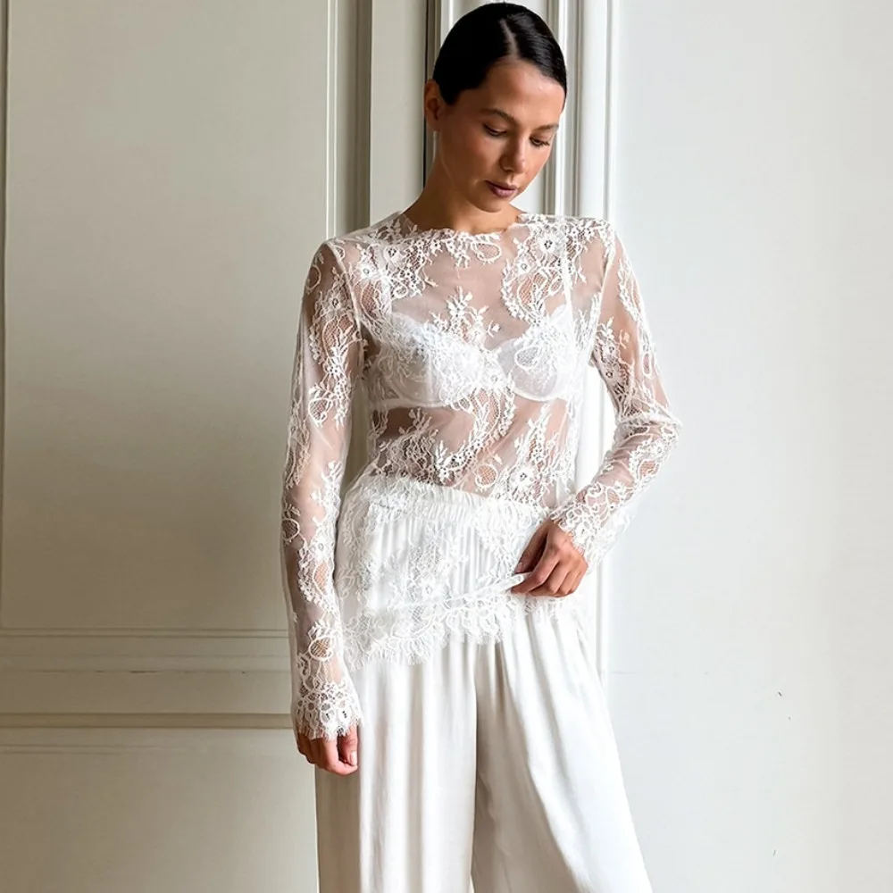 

Trendy Lace Hollow Out O-neck T-shirt Spring and Summer Women's Sexy Perspective Cool Soft Loose Daily Office Travel Casual Top