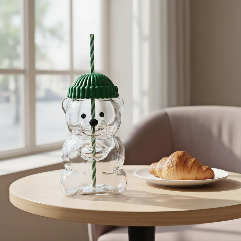 

Christmas Hot Sale Cute Bear Shaped Glass Cup with Green Lid & Striped Straw,Novelty Xmas Gift for Kids Friends