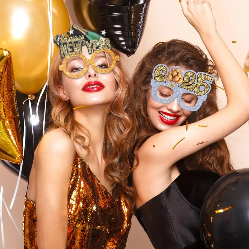 Kacamata Emas Hitam Tahun Baru 2026 Dekorasi Pesta Malam Tahun Baru Bingkai Hadiah Natal