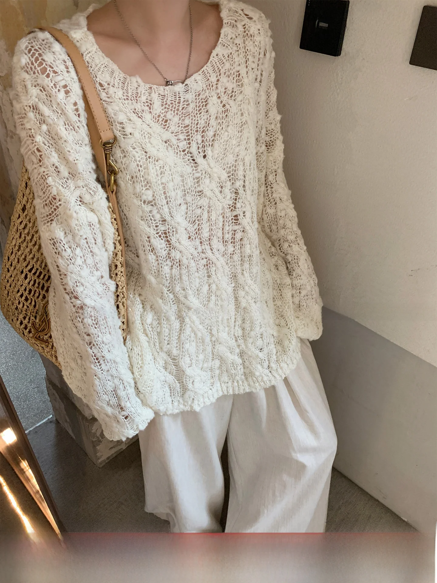 

GV Big Brother Transparent Hollow out Knitted Thin Sweater Summer New Sle Loose Fit round Ne Long Sve Color Wome...