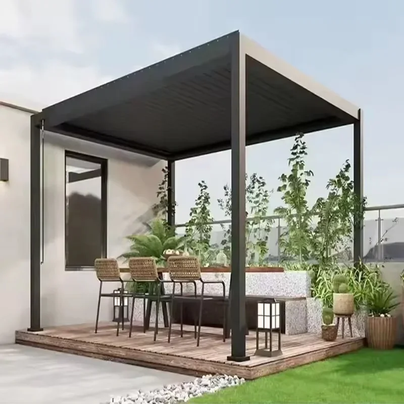 Aluminium Bioclimatic Garden Pergola Louver Roof Blinds Powder Coated Motorized Customizable Sizes Balcony Outdoor Use