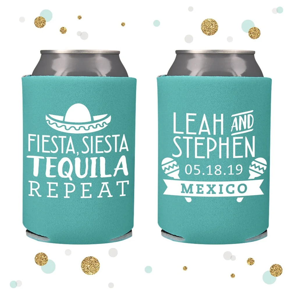 

Wedding Can Cooler #116R - Fiesta Siesta Tequila Repeat - Personalized and Custom - Wedding Favors, Beverage Insulators, Beer Hu