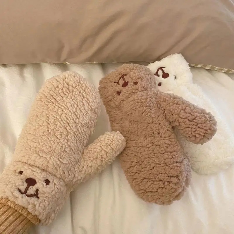 

Cartoon Teddy Bear Plush Gloves Soft Winter Thick Fingerless Korean Gloves For Women Casual Outdoor Riding Mittens Warm