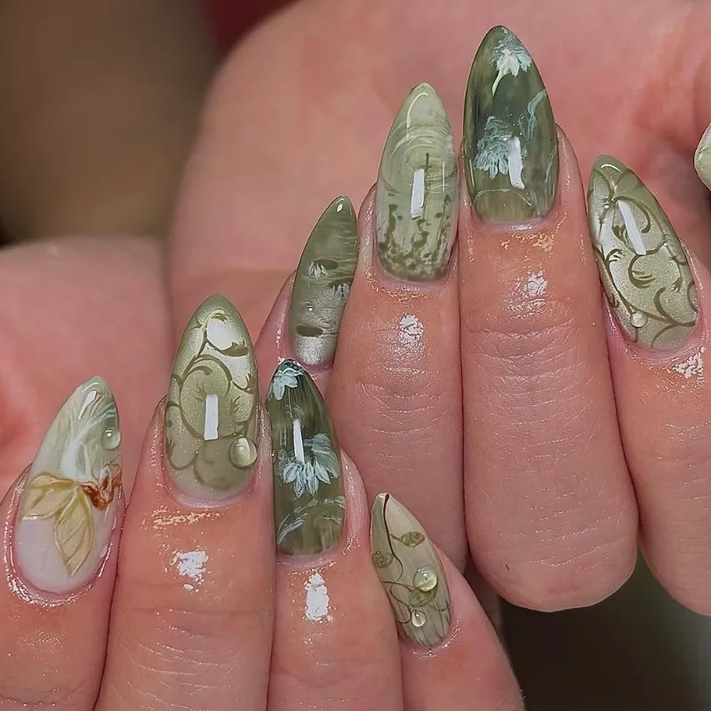24pcs Press on Nails Long Almond Cat Eye Matcha Green Ink Floral False Nails Elegant Cold Manicure for Daily Party Dating