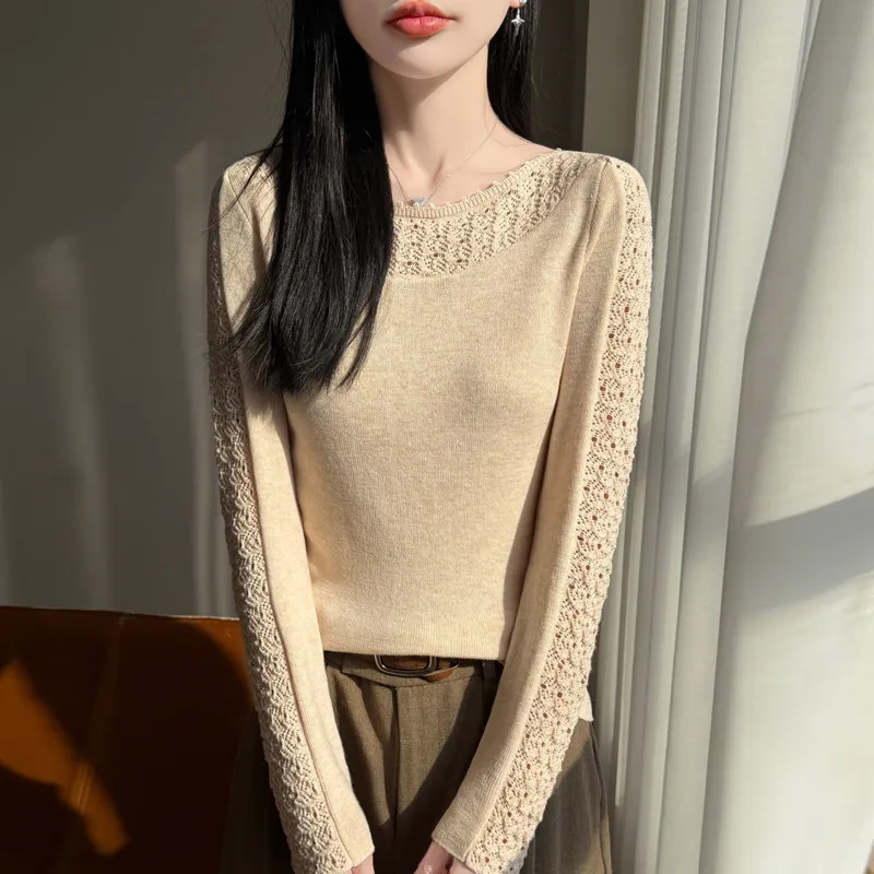 Hollow crocheted I-neck sweater slim high-grade soft waxy worsted sweater