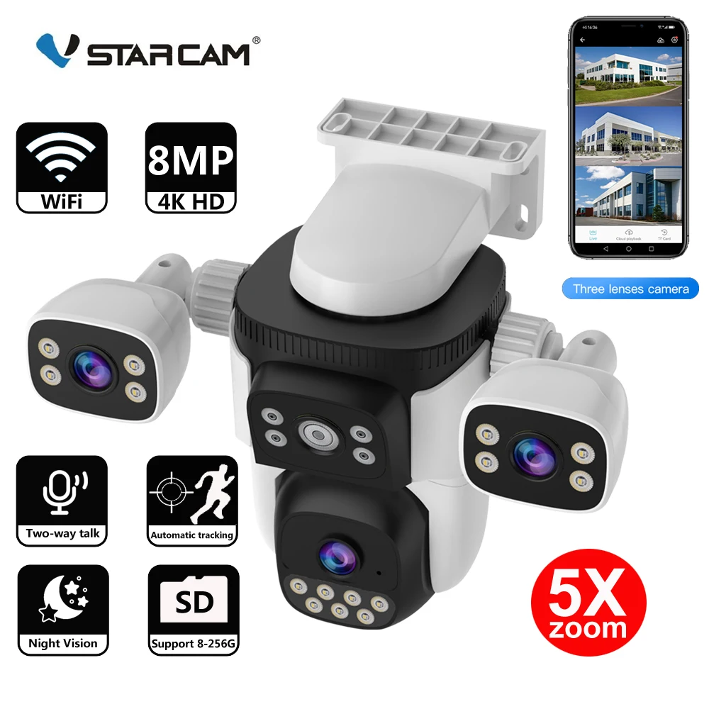 Vstarcam 4K 8MP IP Camera Three Lens 5X Zoom Outdoor WiFi PTZ Camera Human Tracking IP66 Waterproof Video Surveillance Camera