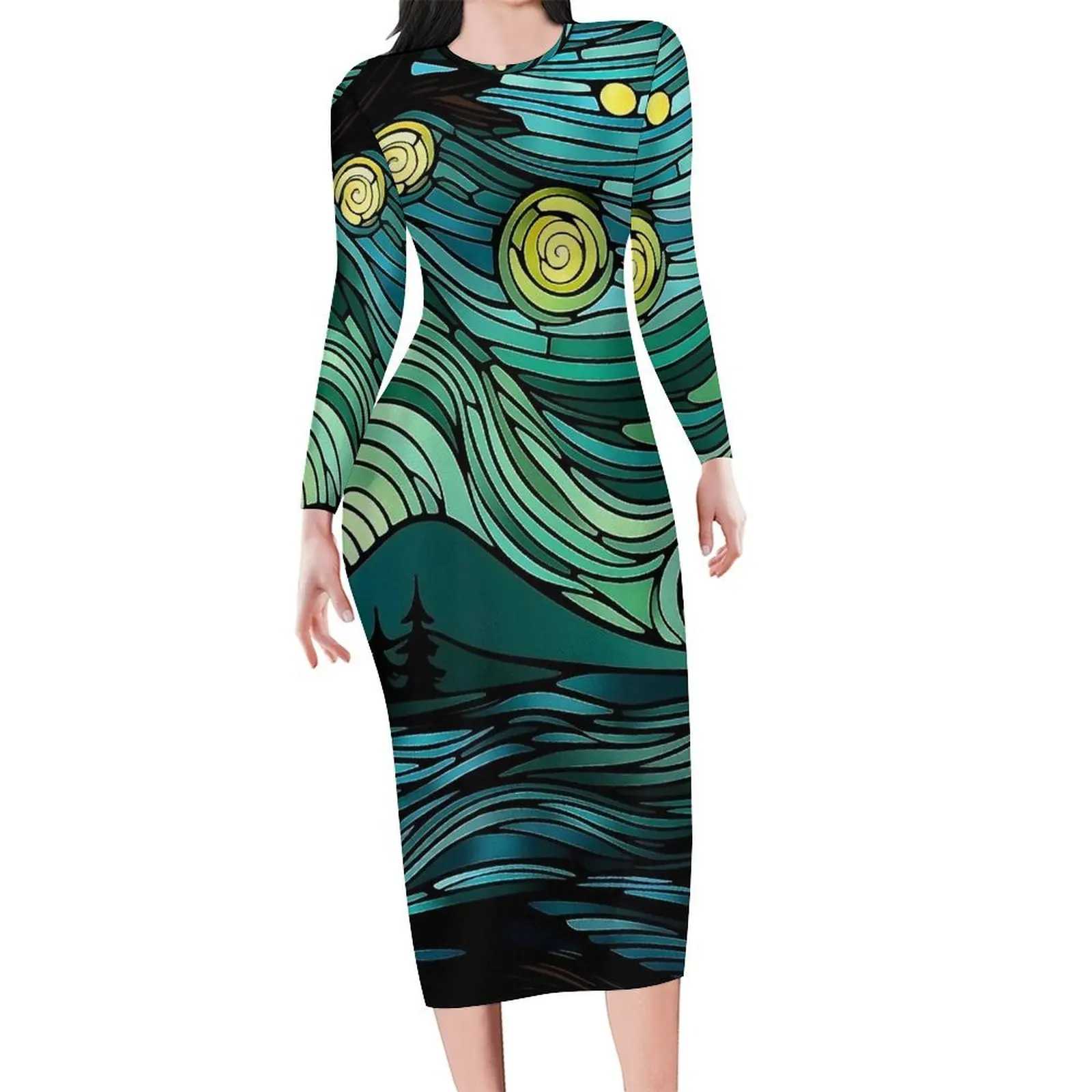 Abstract Starry Night Print Bodycon Dress Women  Trendy Dresses Spring Long Sleeve Street Fashion Design Dress Big Size 4XL 5XL