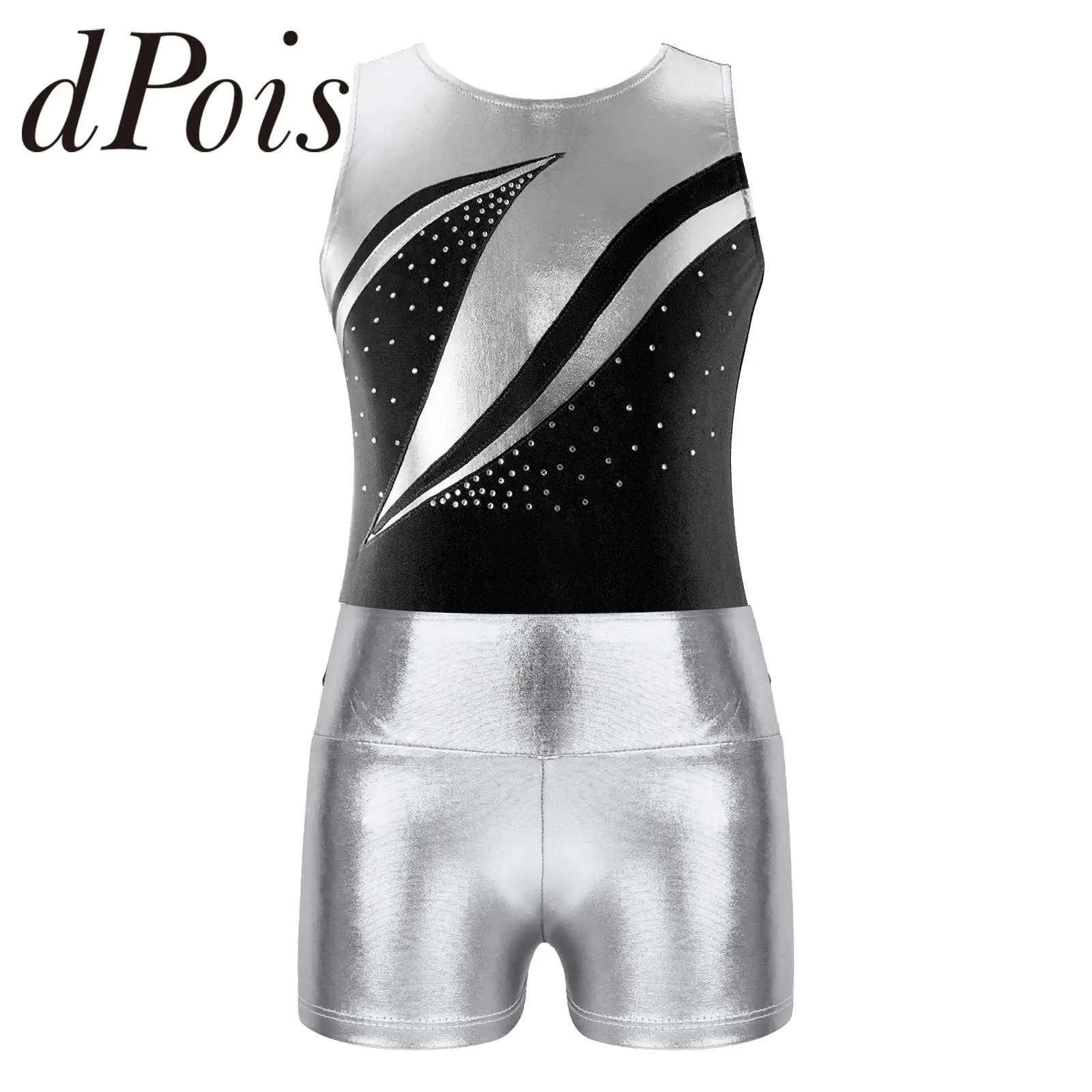 Kids Gymnastics Jumpsuit for Girls Metallic Sleeveless Patchwork Dance Leotard + Shorts Skating Dancewear Children Ballet Outfit