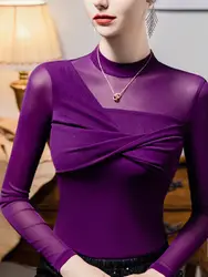Women Mesh T-shirt Half Turtleneck Solid color Lady Tees Long Sleeve Autumn Spring Women's clothing Fashion Female T-shirts
