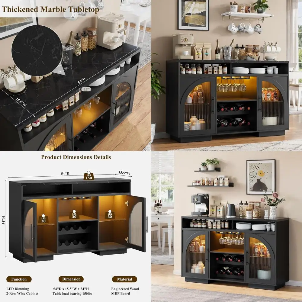 

Буфет-комод, кухонный шкаф 54 дюйма со светодиодной подсветкой и арочными стеклянными дверцами, высокий барный шкаф с 2 регулируемыми полками