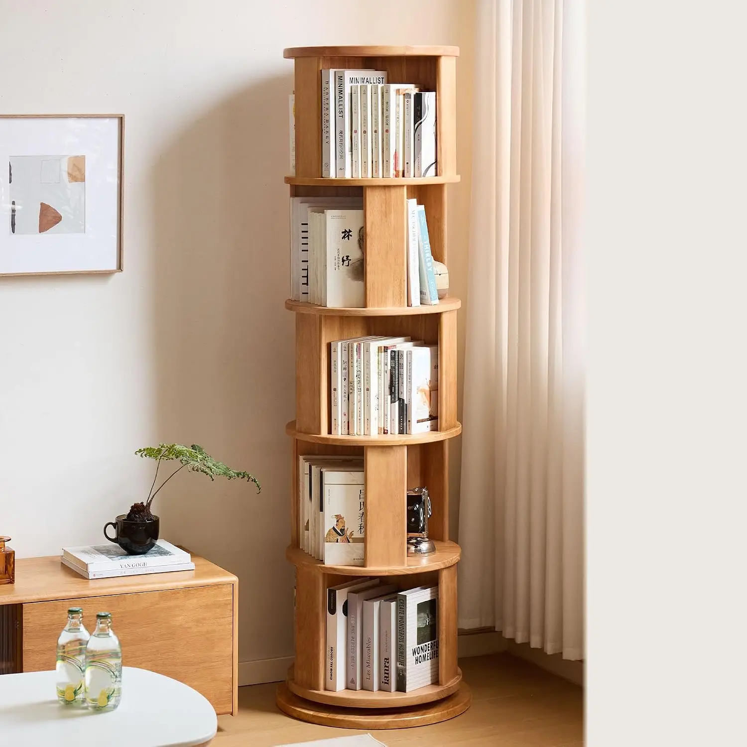 Solid Wood Rotating Bookshelf 5 Tier 360° Revolving Shelf Tower Floor Standing Storage Rack Home Office Bedroom, Customized