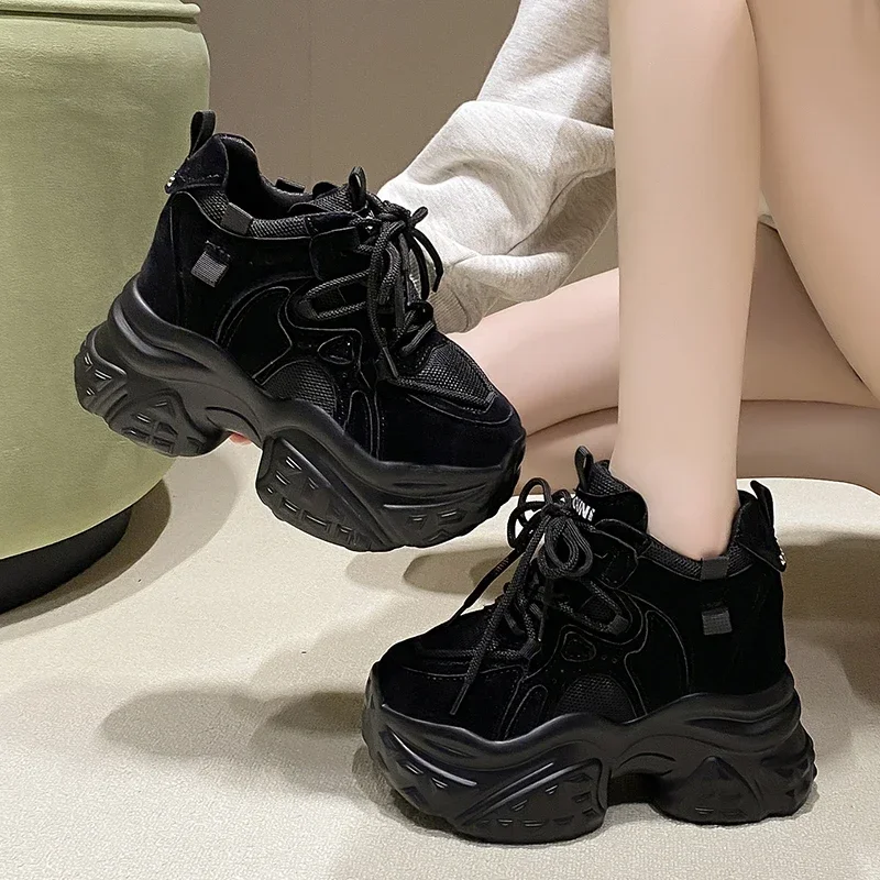 Women Chunky Sneakers 2024 Spring Breathable Mesh Casual Shoes 10CM Wedge Heels Platform Shoes Chaussures Femme Sports Dad Shoes