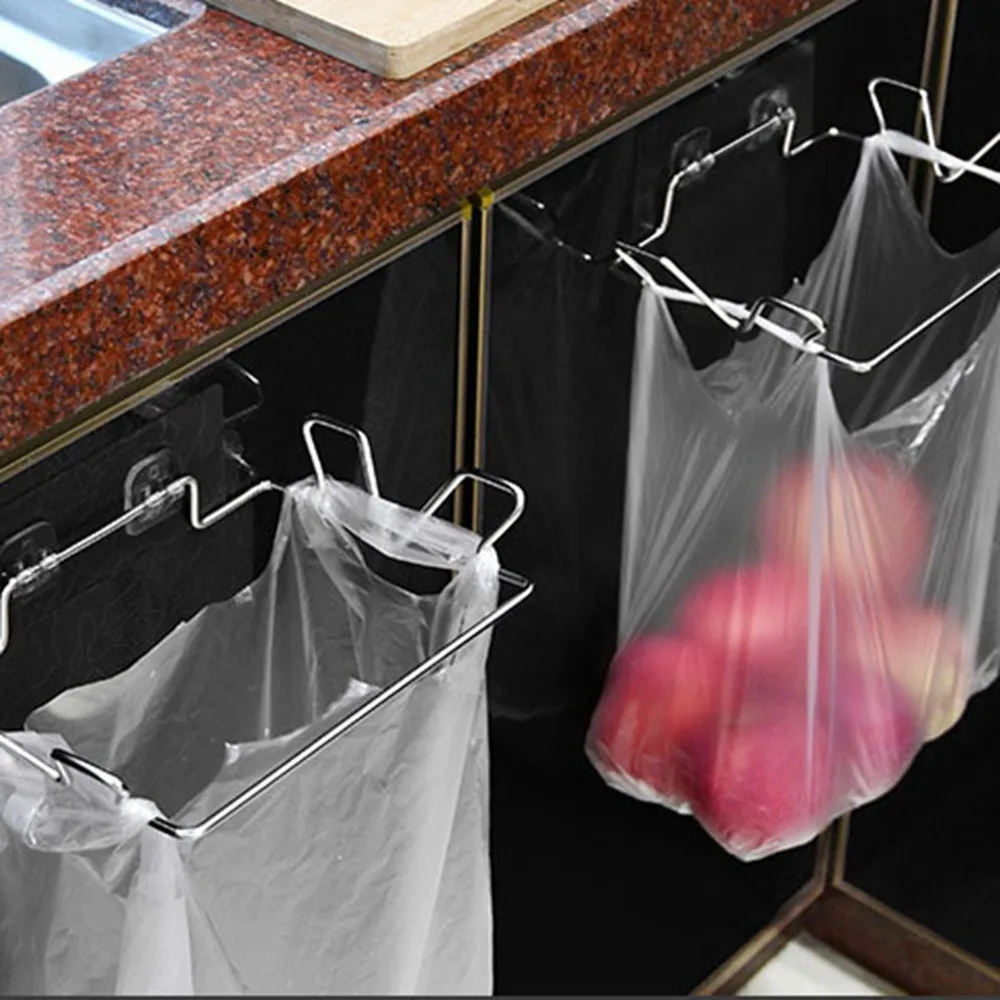 2PCS Stainless Steel Trash Bag Holder With Wall Sticker Base 2.4 x 5.5 x 7.3in Hanging Storage Rack Trash Bag Rack Kitchen