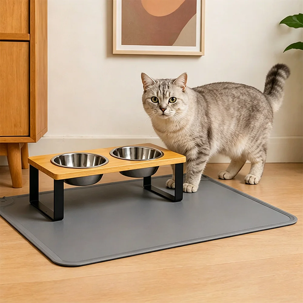 Comedero doble antideslizante para gatos y perros en acero inoxidable