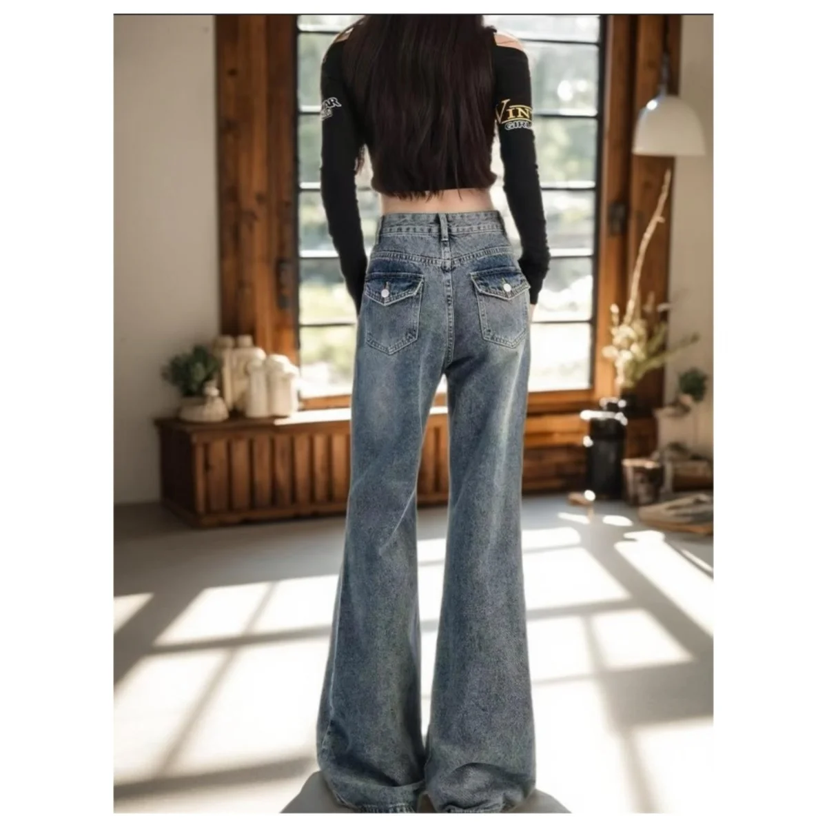 Women's High Waisted Flared Jeans American Retro Fashion Casual Denim Trousers Hot Girl Style Long Pants Versatile for daily use