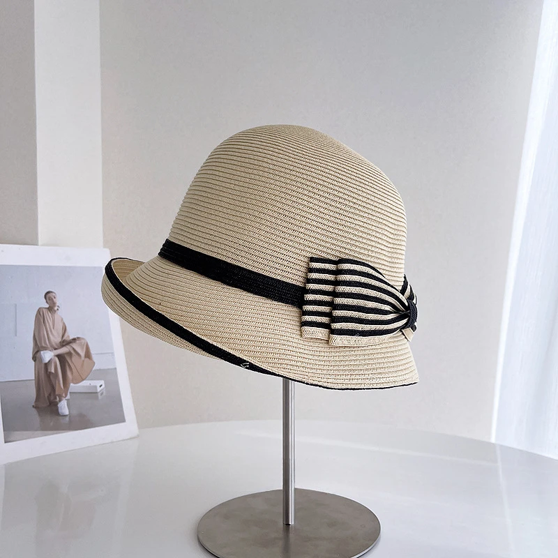 Japanese curly fringed striped bow fashion fisherman hat elegant everything beach holiday sun shade straw hat lady