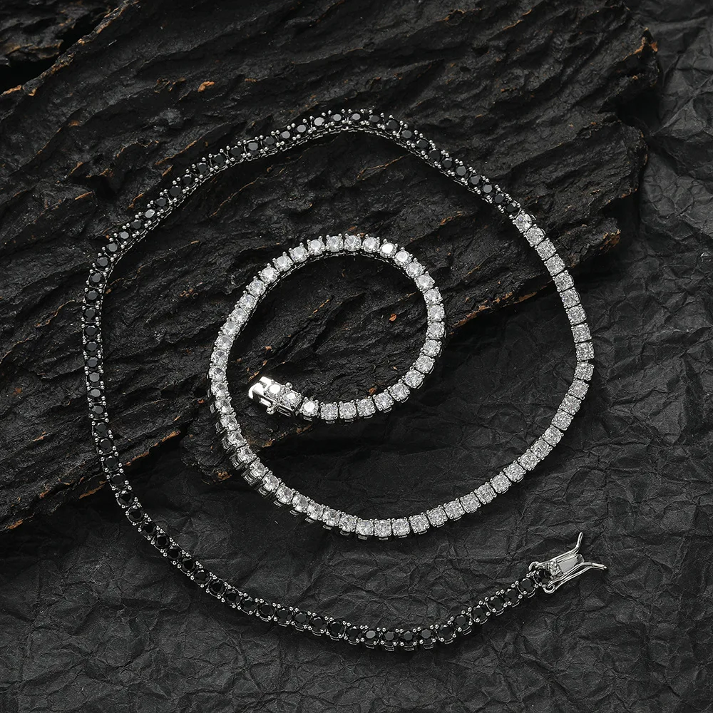 YLMyself 3MM Black White CZ Tennis Necklace Brass 16/18 Inch Rhodium Gun Black Plated Hip Hop Jewelry For Men Women