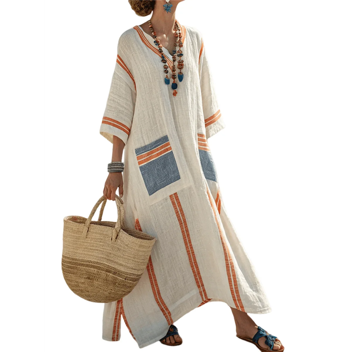 ASDS-Women's Summer Loose Oversized Cotton Linen Dress V Neck Boho Color Block Long Kaftan With Split