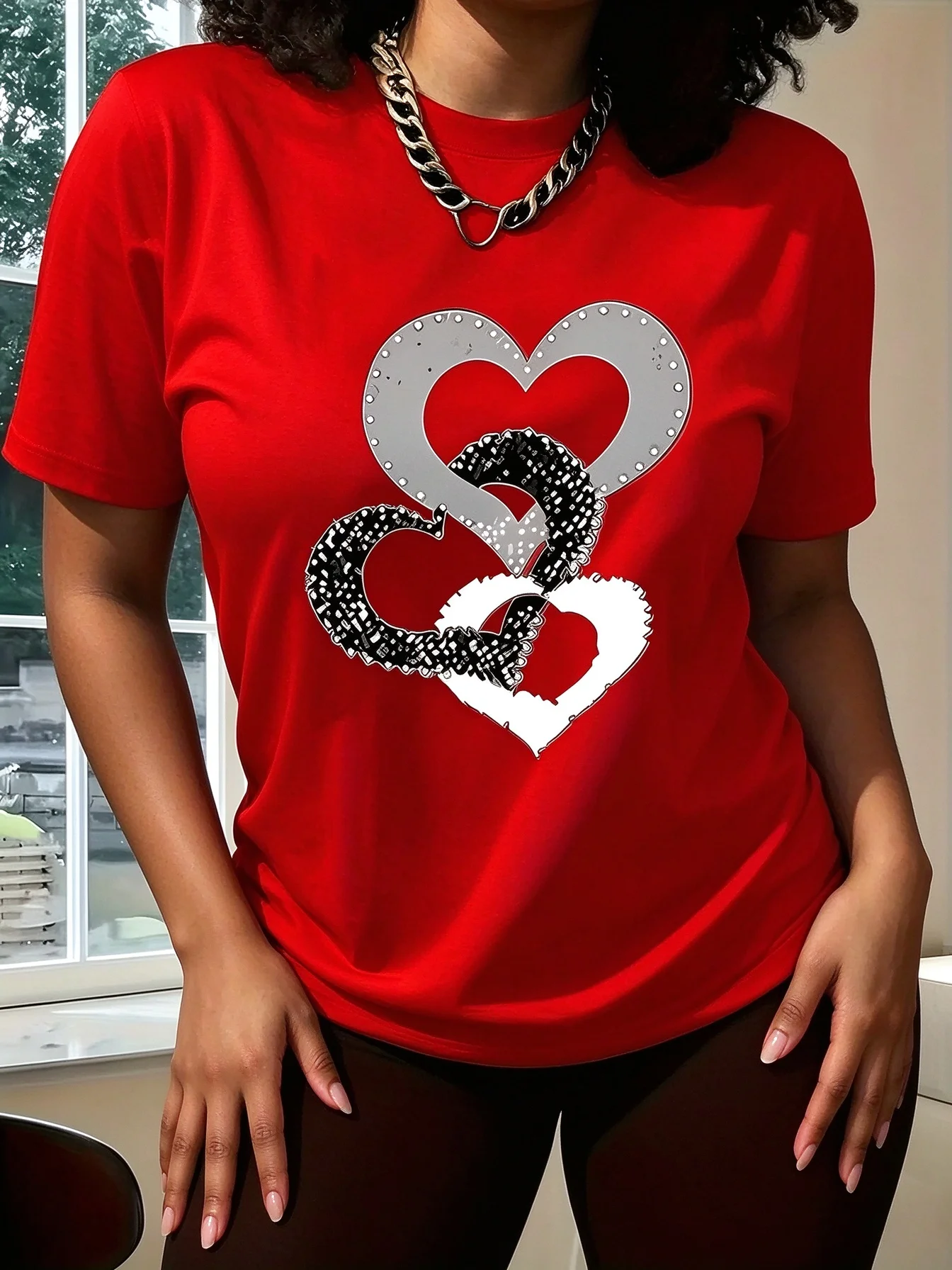 New Spring/Summer Fashion Women's Short-Sleeve Top, Simple and Stylish Love Ring Pattern Print, Versatile Daily Wear Round Neck T-Shirt, Circle Print