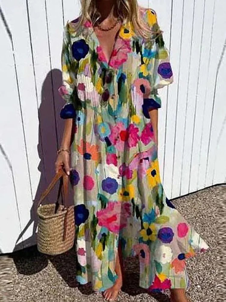 Retro Printing Patchwork Buttons Party Dress, Women Casual Summer Half Sleeve V Neck Maxi Dress, Elegant Lady Loose Shirt Dress