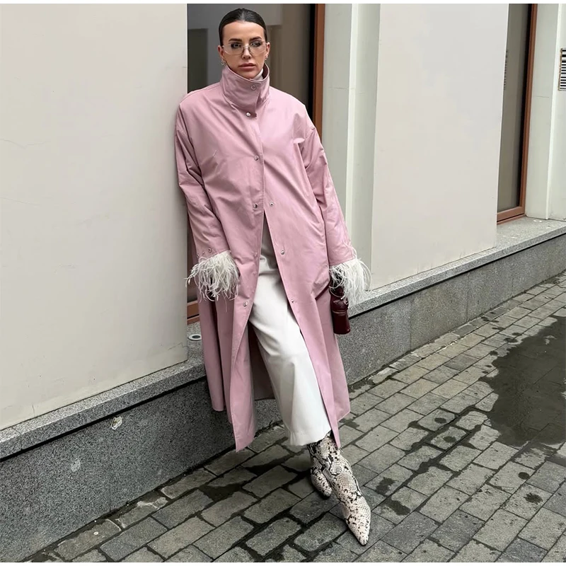 Damen Grasgrüner High-Street-Trenchcoat Stehkragen Fallende Schultern Knöpfe Großer Windbreaker 2026 Herbstmode Freizeitjacke – Detail 15
