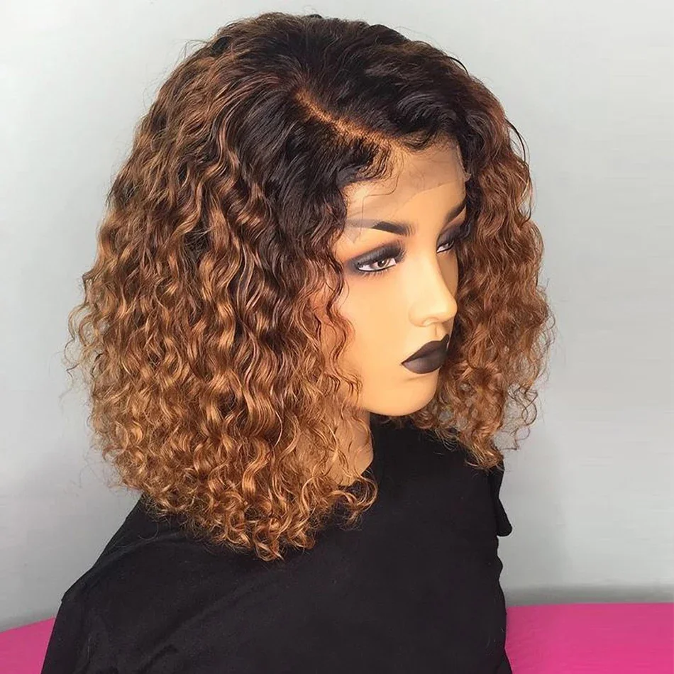 

SPARK T1B/30 Ombre Brown Short Curly Bob Wig 13x4 Lace Frontal Human Hair Wig Deep Wave Bob Wig PrePlucked Brazilian Remy Hair