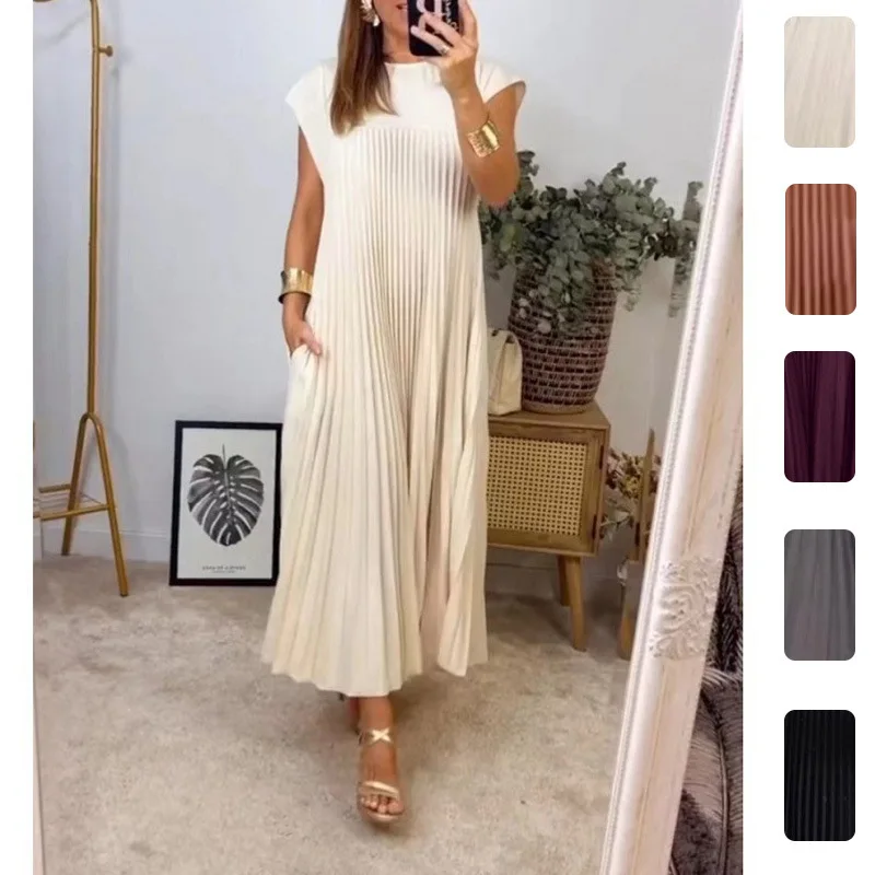 

Summer New Women Elegant Round Neck Sleeveless Pleated Long Dress Soft Light Breathable Chic Daily Casual Beach Outdoor Holiday