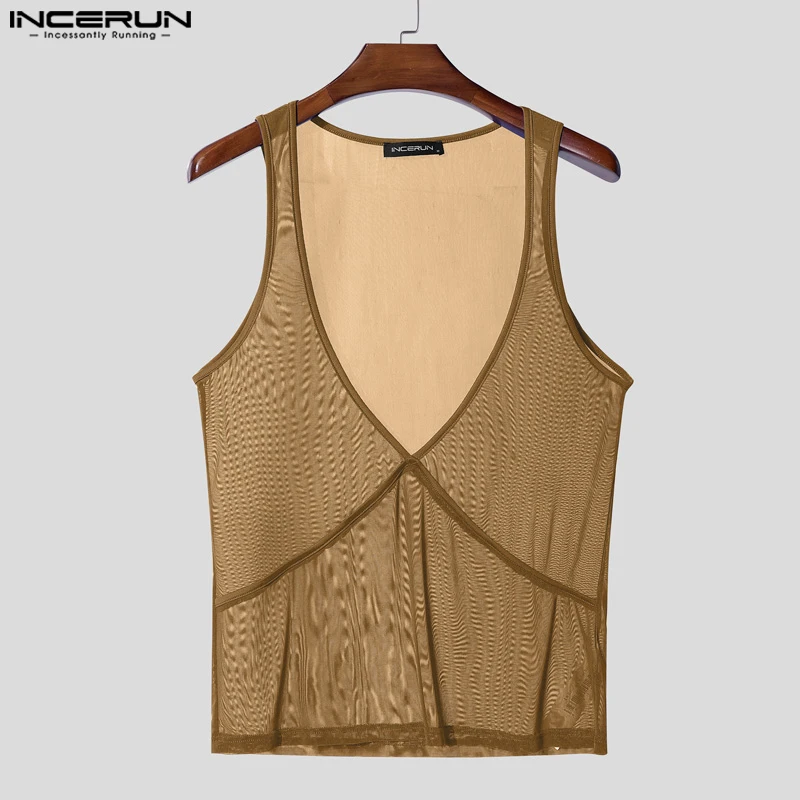 

INCERUN Men Tank Tops Mesh See Through V Neck Sleeveless Solid Color Male Vests Summer Streetwear 2025 Fashion Sexy Men Clothing