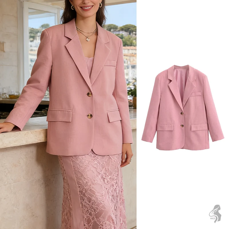 

Women's Pink Blazer - Oversized Single Breasted Suit Jacket with Lapel Collar & Pockets for Office & Casual Wear