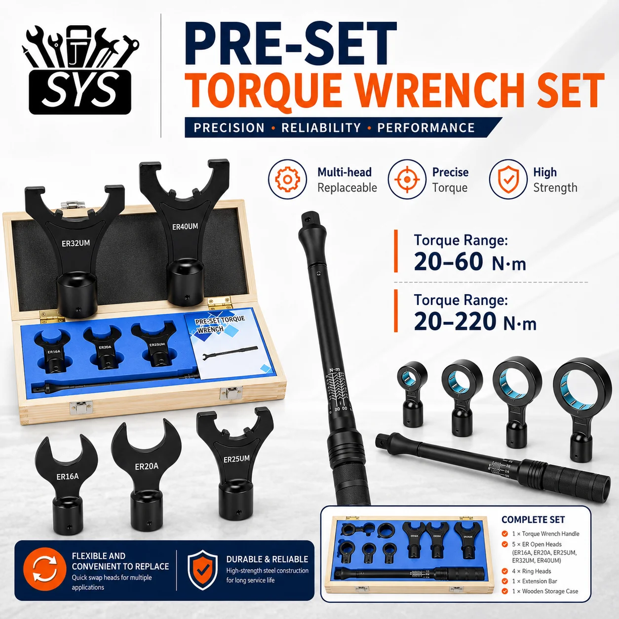 SYS Precise CNC Torque Wrench Set 20-220Nm ER16A ER20A ER25UM ER32UM ER40UM Interchangeable Head CNC Tool Holder Spanner