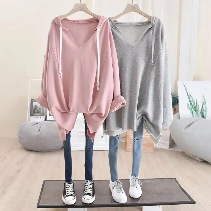 Sweatshirts de manga comprida monocromática feminina, capuz solto, cordão, pulôveres que tudo combina, moda High Street, fofo, primavera, outono
