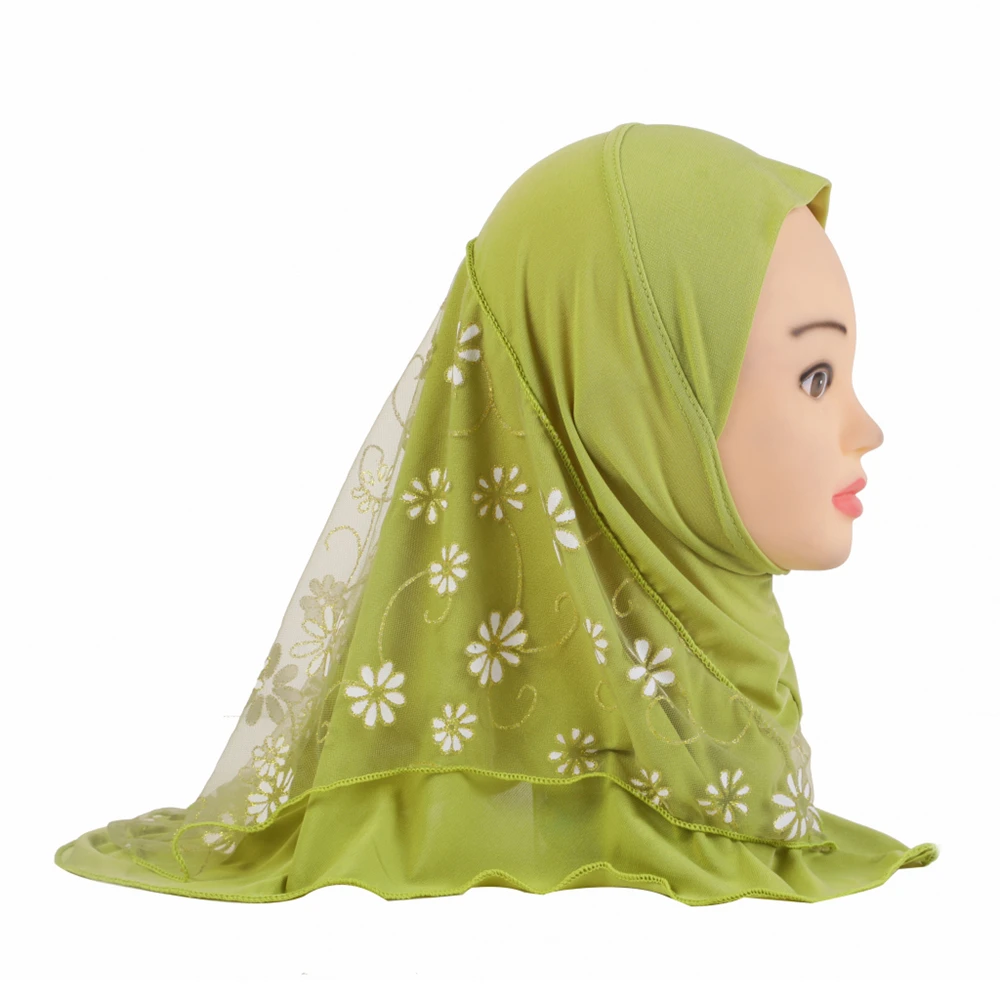 Muslim Kids Girls Lace Embroidery Hijab for 2-6 Years Old Headscarf Turban Islamic Pray Hat Amira Arabic Head Wrap Instant Scarf