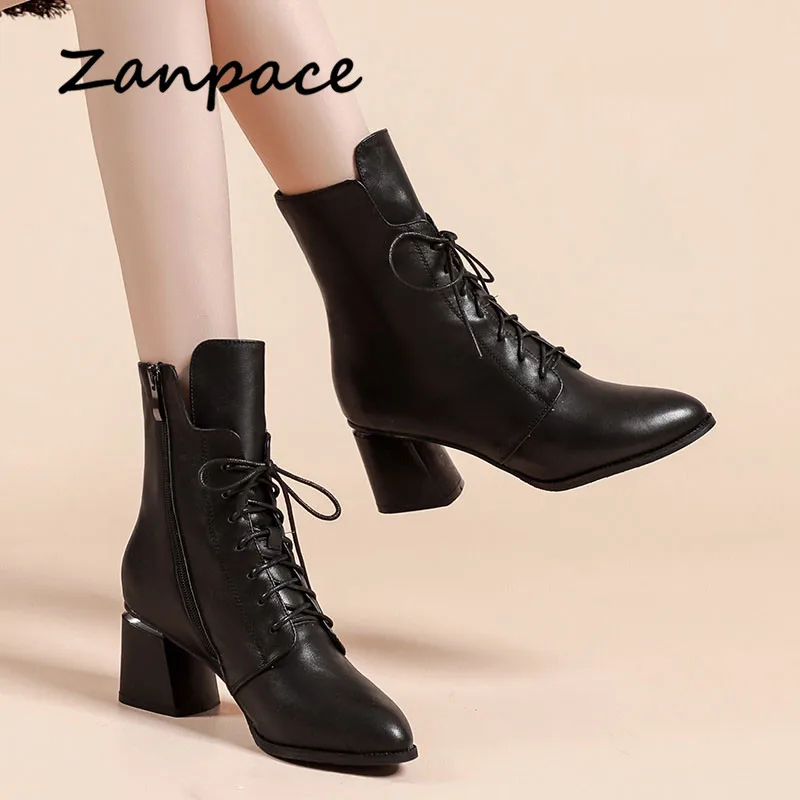 ZANPACE Platform Heels Women Boots Winter Plus Velvet Mid-tube Women Shoes Fashion Pointed Toe Winter Women Ankle Boots