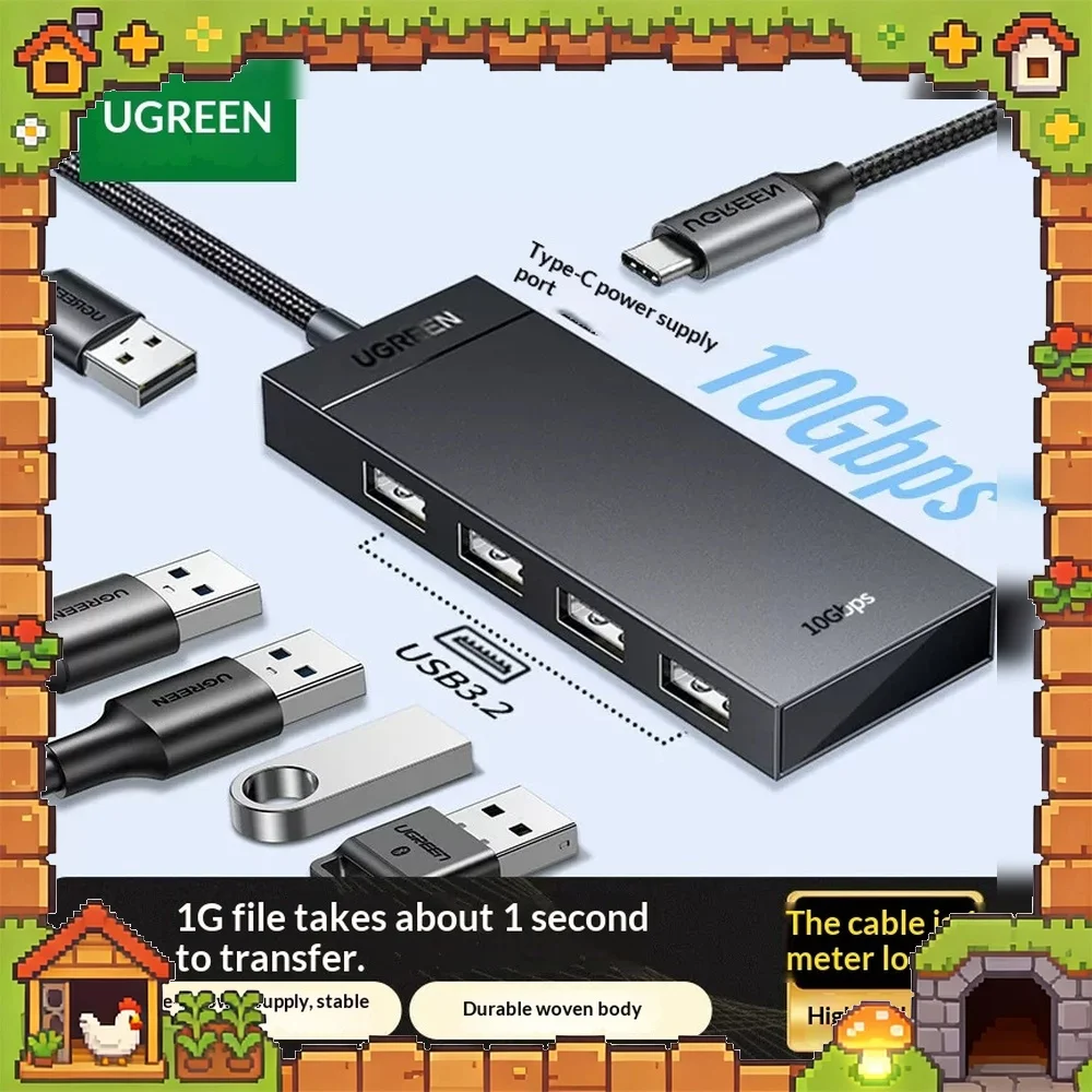 UGREEN 35884 USB 3.2 Gen 2 4-Port USB-A Hub 10Gbps Data Splitter 1m Cable with USB-C Power Input