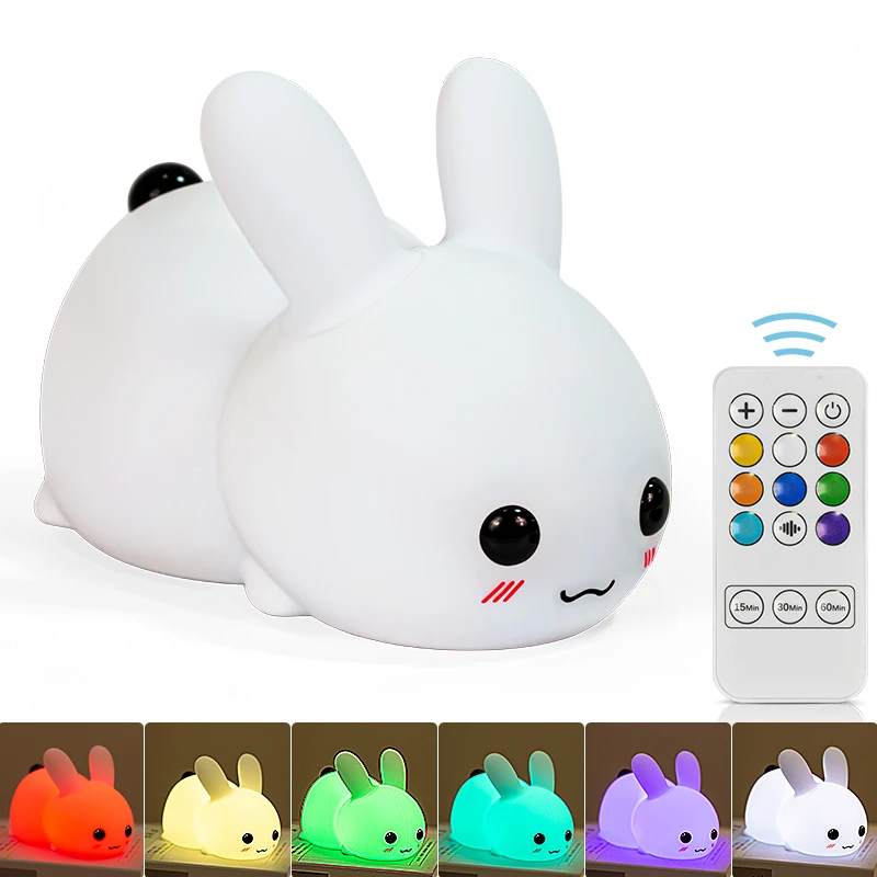 Rabbit Night Light Rechargeable LED Clap Lights Dimmable 7 Color Silicone Pat Table Lamp For Kid\'S Gift Baby Bedroom Lamp Decor