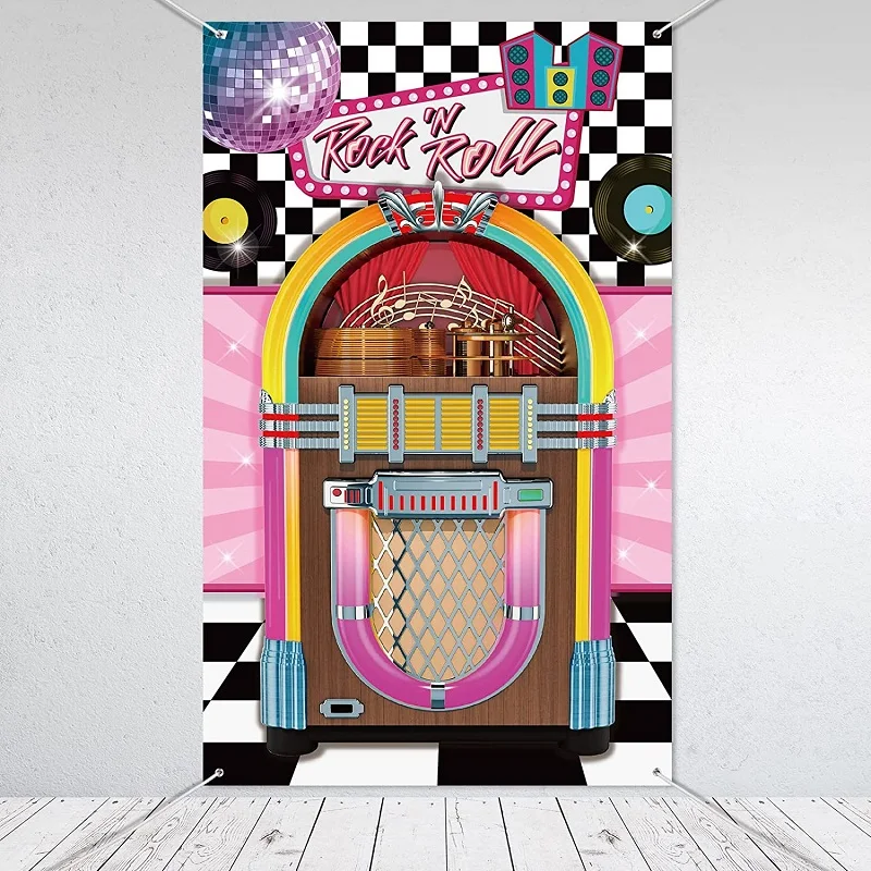 Photography Backdrop Juke Box Cutout Rock 'n Roll Door Cover For 1950's Theme Birthday Mystery Party Background Banner