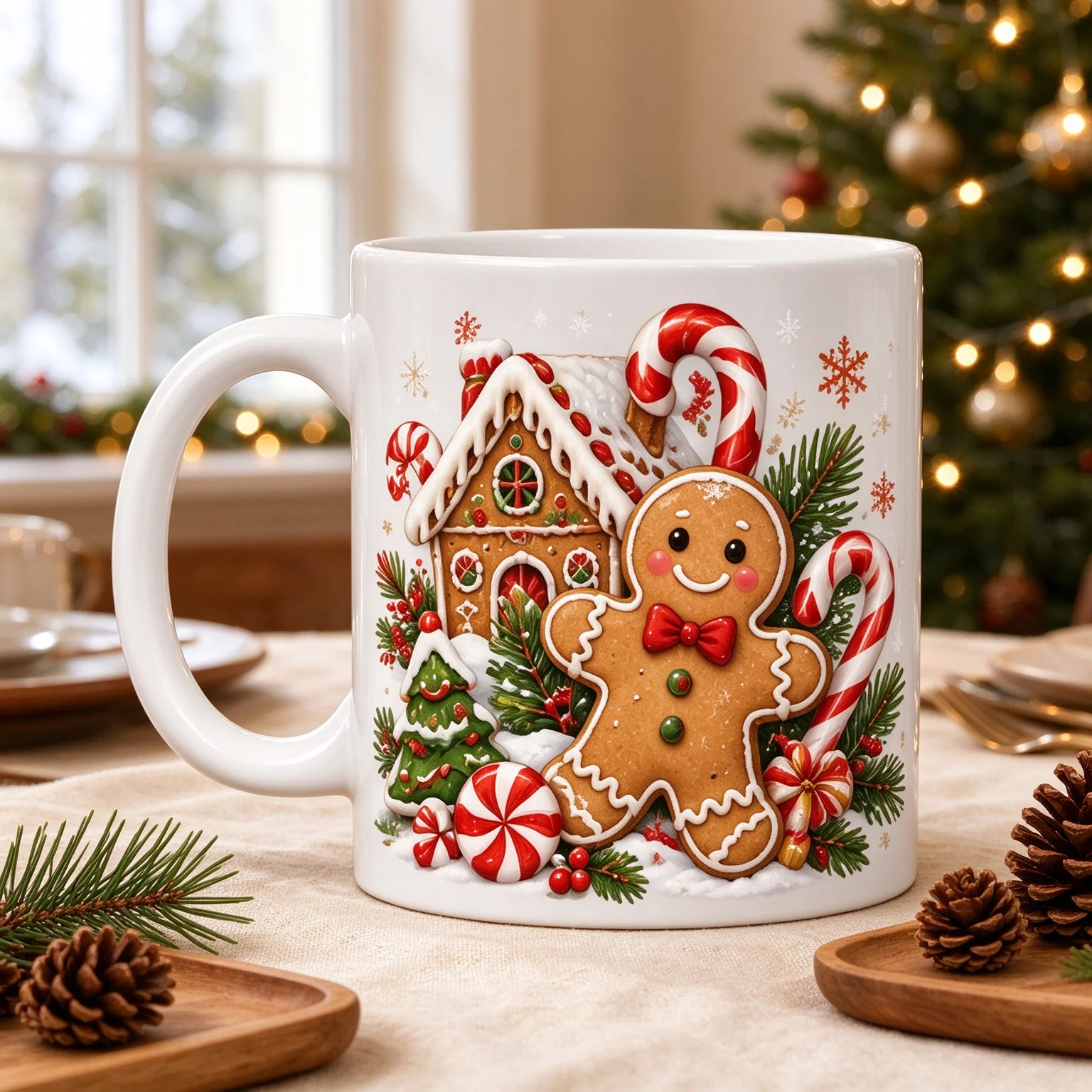 Christmas Gingerbread Man Ceramic Mug Xmas Candy Cane House Print Coffee Cup Holiday Drinkware Gift for Family Friends