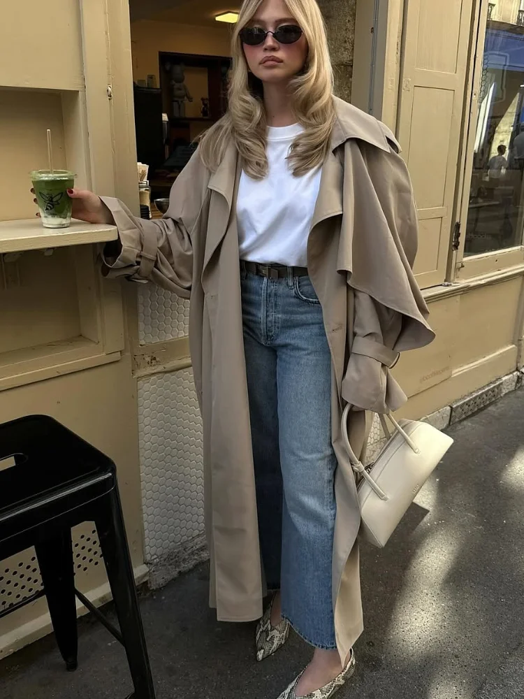 Women Casual Lace Up Long Trench Coat Chic Solid Color Full Sleeve