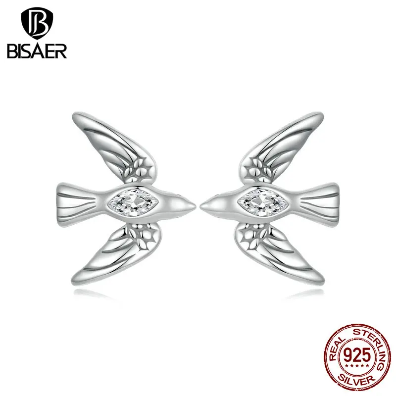 BISAER 925 Sterling Silver Bird Stud Earrings Animal Inlaid Zircon Hypoallergenic Earrings For Party Women Fine Jewelry ECE1751