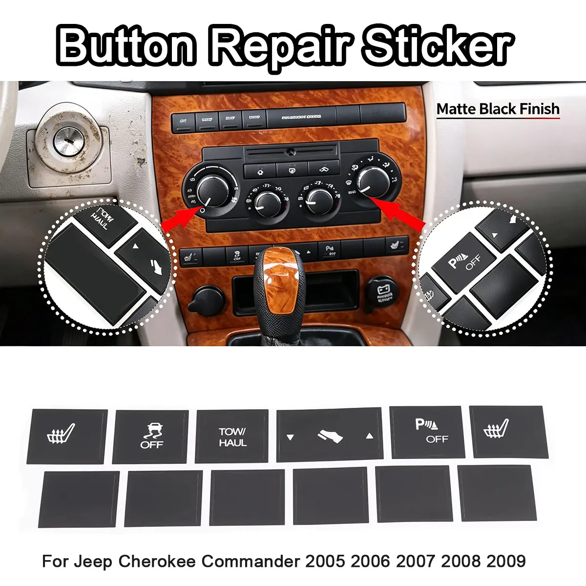Heated Seat Traction Button Repair Sticker Decals Set Matte Black for Jeep Cherokee Commander 2005 2006 2007 2008 2009