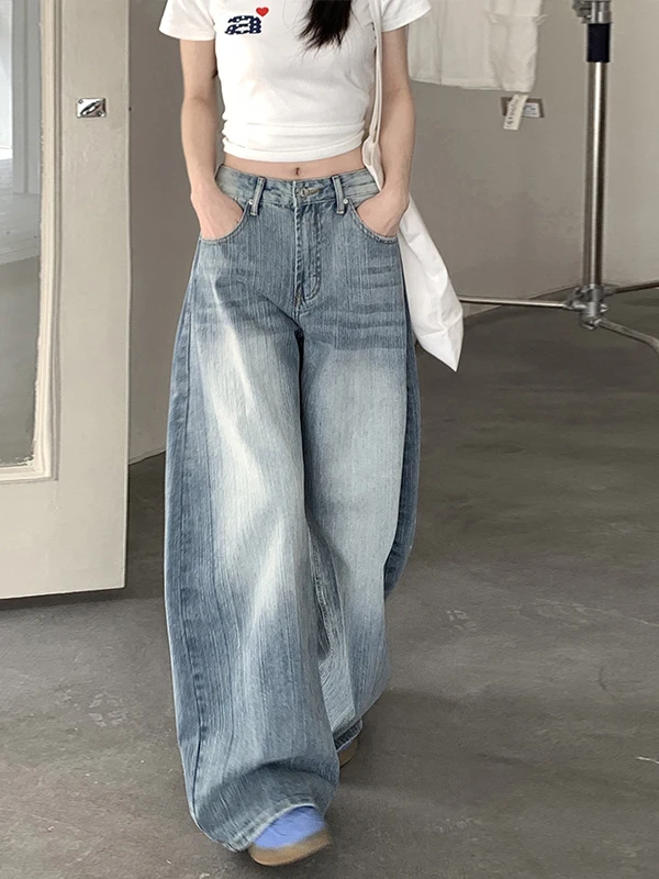 

High Waist Wide Leg Denim Pants Women's Loose Fit Bamboo Fiber Straight Blade Jeans plus Size Casual Wear Autumn Season