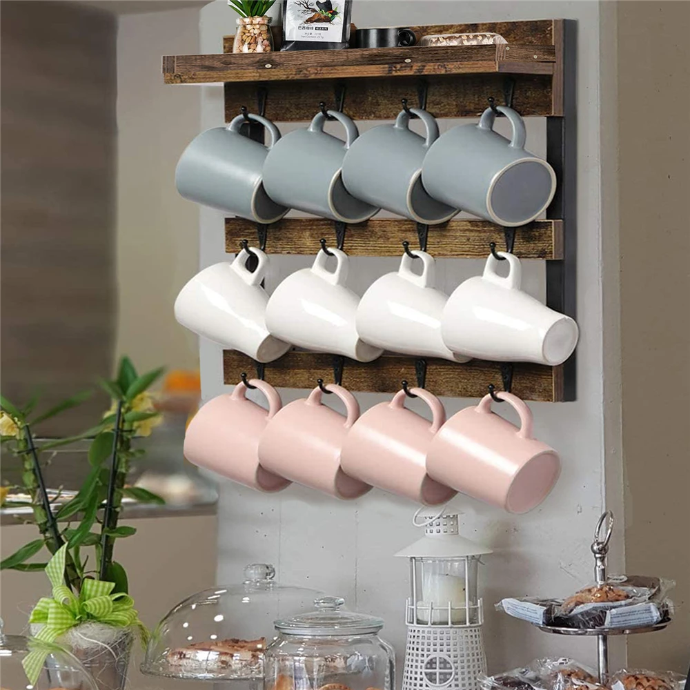 12 Hooks Coffee Mug Cup Rack Shelf Wall Mounted Wooden Cups Hanging Organizer Hanging Rack Holder