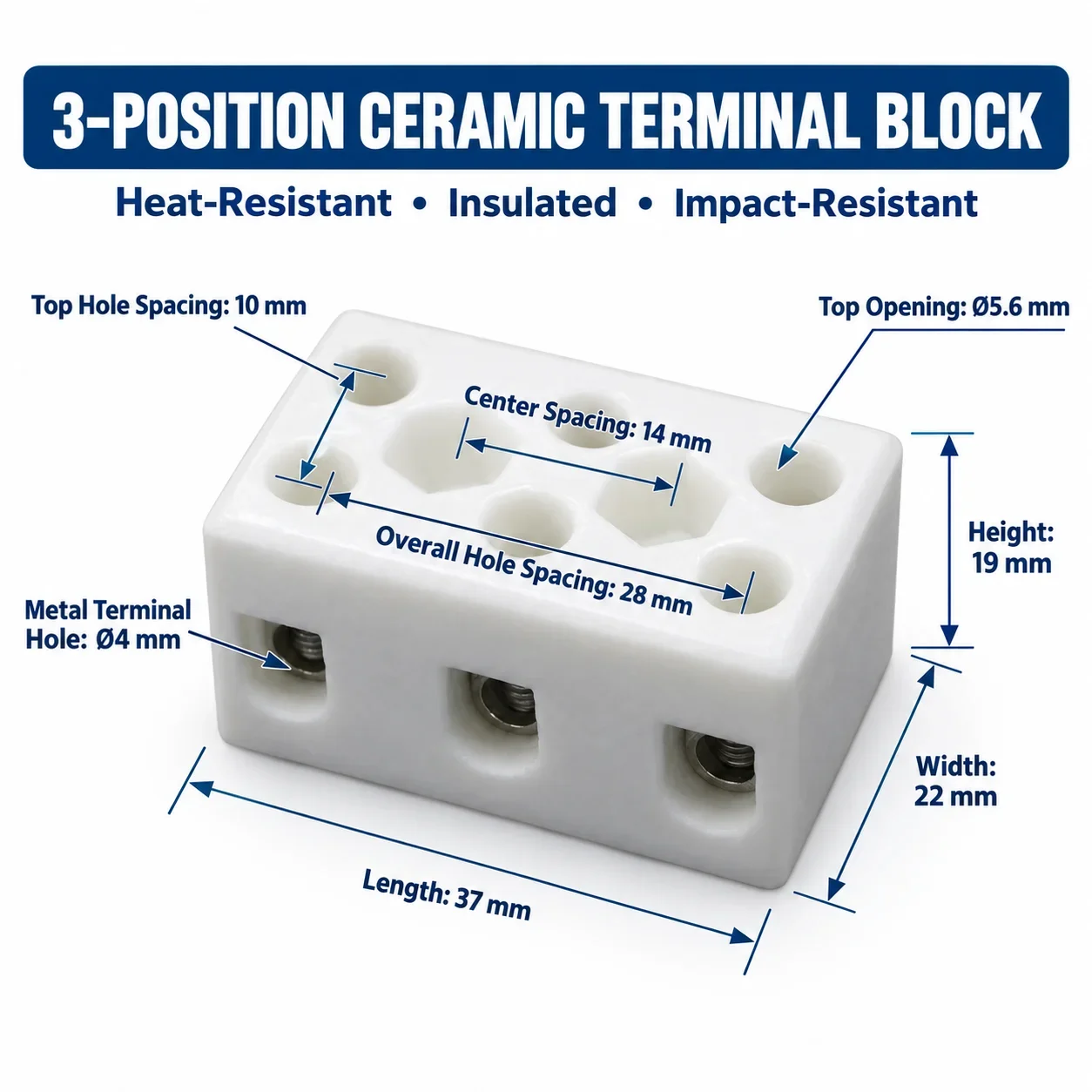 10Pcs 15A-3P Ceramic Terminal Block High Temperature & High Frequency Resistant Eight Hole Three Position TC613 for Electronics