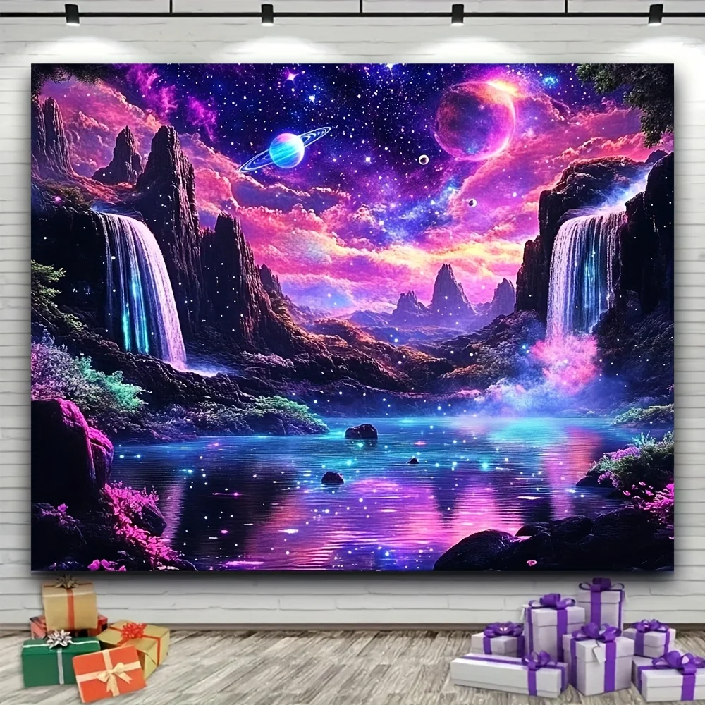 VIKAMA-tapiz de paisaje de cielo estrellado de fantasía, cascada brillante, planeta, Luna, decoración de pared para sala de estar