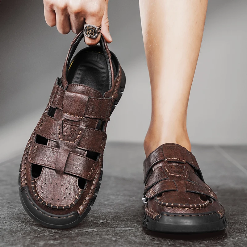 

Summer New Handmade Men Sandals Leather Lightweight Flat Men Breathable Casual Shoes Outdoor Walking Sandals for Men Beach Shoes