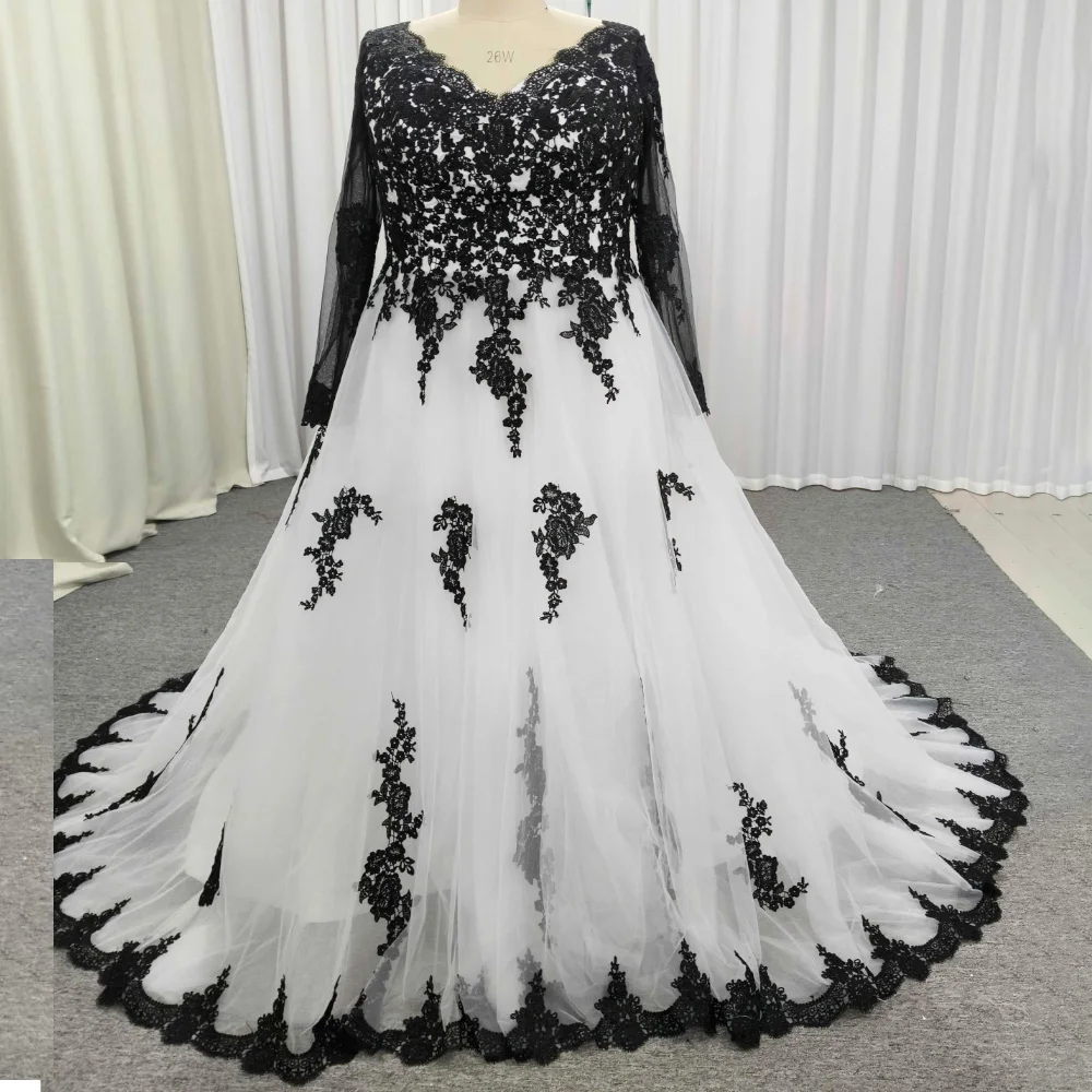 Vestido de casamento preto e branco mais tamanho para o tamanho grande querida sem costas andar comprimento com trem longo vestidos de noiva feitos sob encomenda